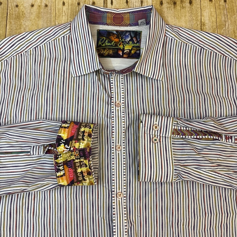 Robert Graham Striped Button Paisley Flip Cuff Shirt XL Herringbone Long Sleeve